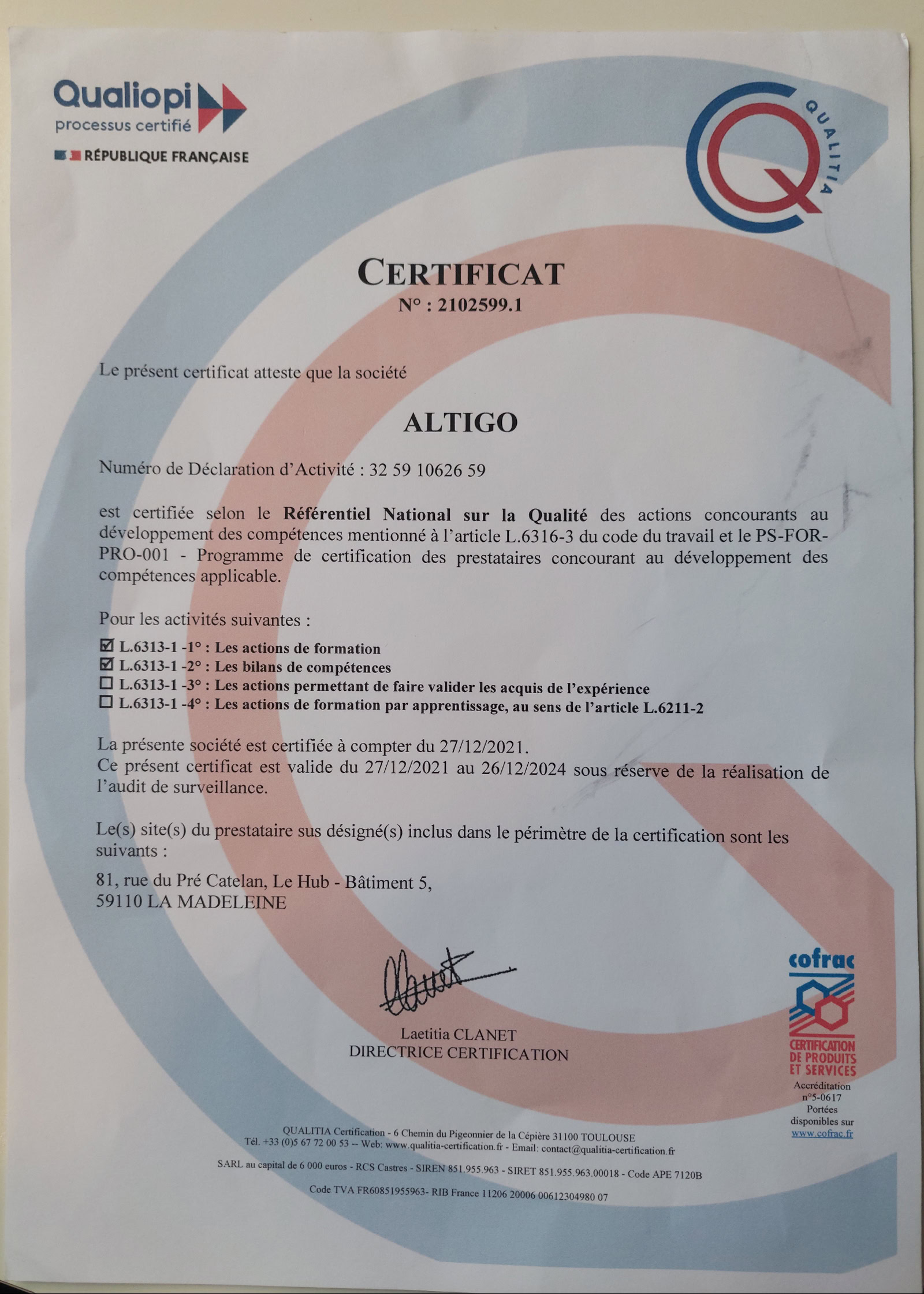 certificat de conformité 